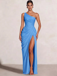A Line Princess Prom Dresses One Shoulder Chiffon Wedding Guest Dress Pleats Side Split Ruched Bridesmaid Dresses