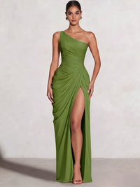 A Line Princess Prom Dresses One Shoulder Chiffon Wedding Guest Dress Pleats Side Split Ruched Bridesmaid Dresses
