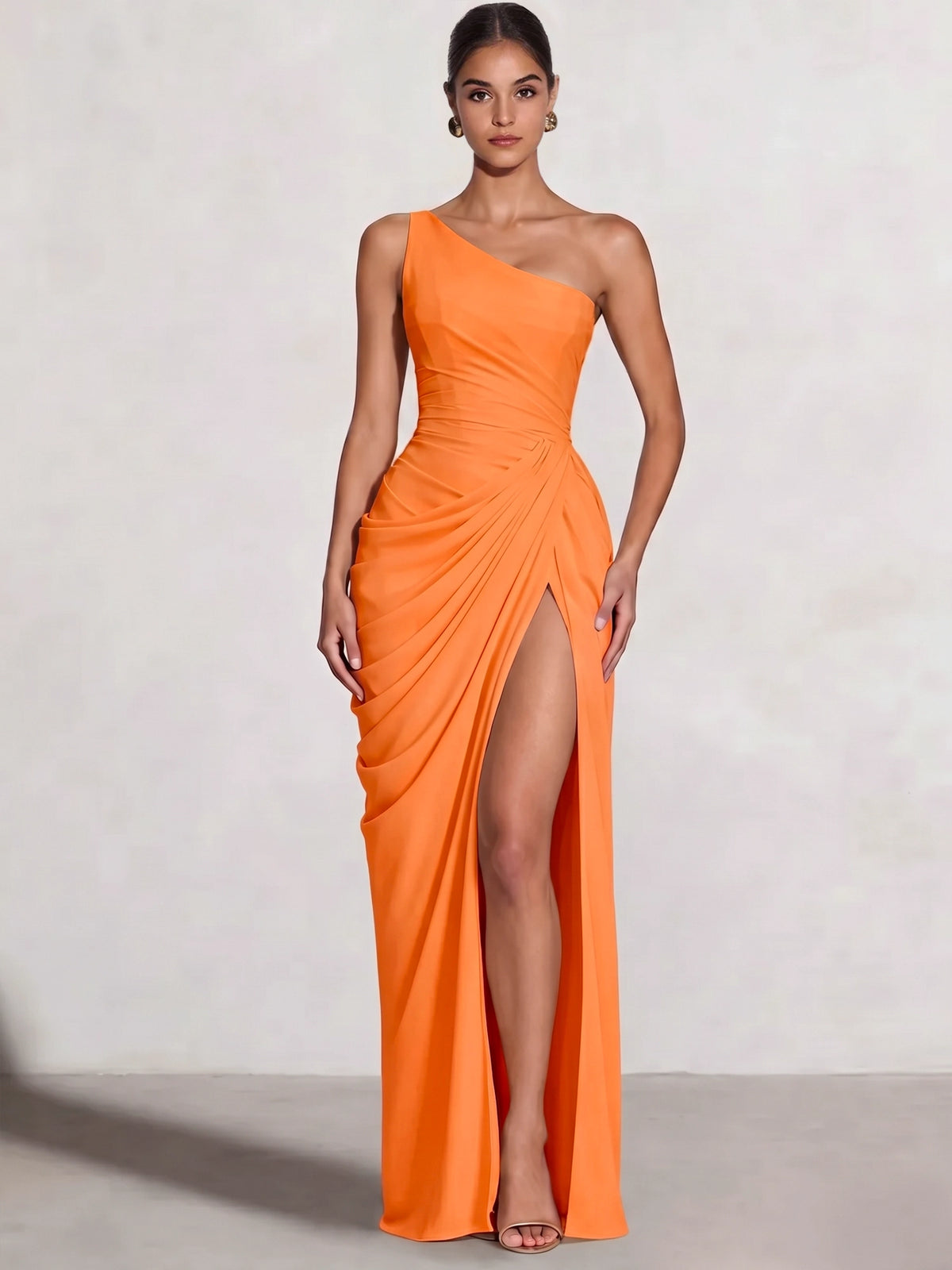 A Line Princess Prom Dresses One Shoulder Chiffon Wedding Guest Dress Pleats Side Split Ruched Bridesmaid Dresses