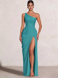 A Line Princess Prom Dresses One Shoulder Chiffon Wedding Guest Dress Pleats Side Split Ruched Bridesmaid Dresses