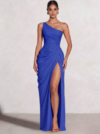 A Line Princess Prom Dresses One Shoulder Chiffon Wedding Guest Dress Pleats Side Split Ruched Bridesmaid Dresses