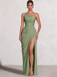 A Line Princess Prom Dresses One Shoulder Chiffon Wedding Guest Dress Pleats Side Split Ruched Bridesmaid Dresses