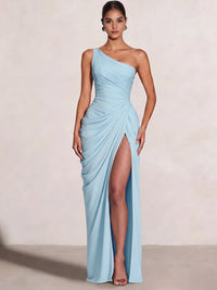 A Line Princess Prom Dresses One Shoulder Chiffon Wedding Guest Dress Pleats Side Split Ruched Bridesmaid Dresses
