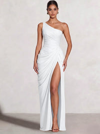 A Line Princess Prom Dresses One Shoulder Chiffon Wedding Guest Dress Pleats Side Split Ruched Bridesmaid Dresses