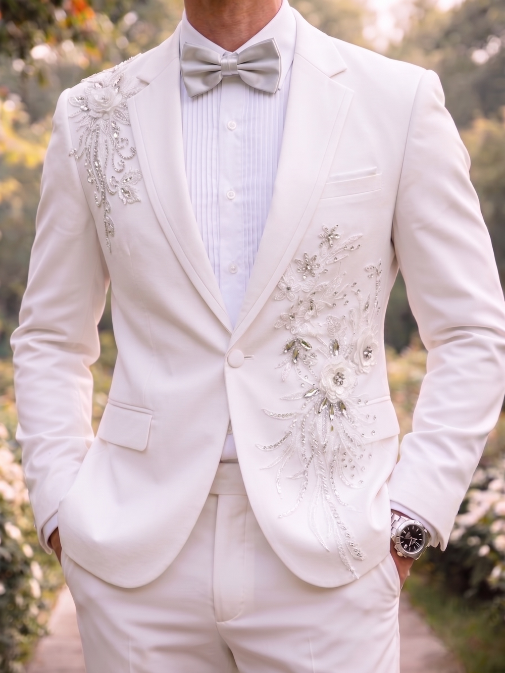 男士修身西服两件套单排扣一粒扣白色奢华舞会礼服新郎结婚西服