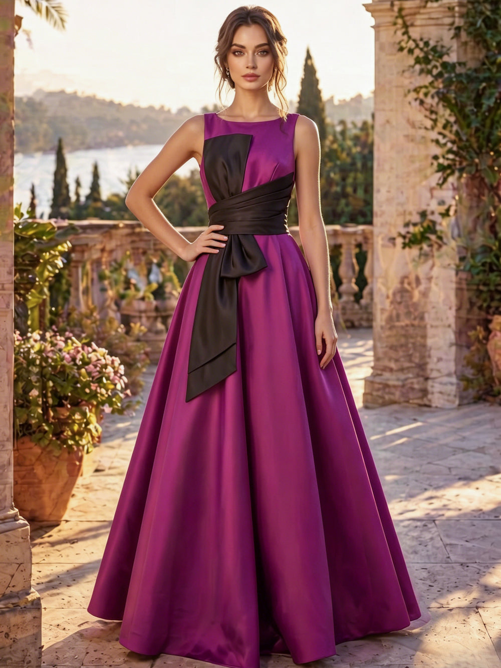 A-Line Elegant Formal Evening Dresses Floor-Length Sleevelss Evening Gown with Bowknot
