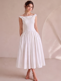 A-Line/Princess Cocktail Dress Sleeveless Tea-Length Dress White Cocktail Dress With Pocket