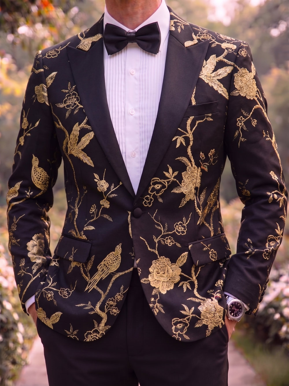 Men's Tailored Suit Single Breasted Black Gold Embroidery Luxury Suit Groom Wedding Party Suit