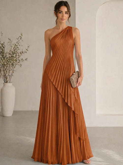 A-Line/Princess Evening Dress Sleeveless One Shoulder Satin Floor-Length Dress Top With Skirt Two-Piece Set