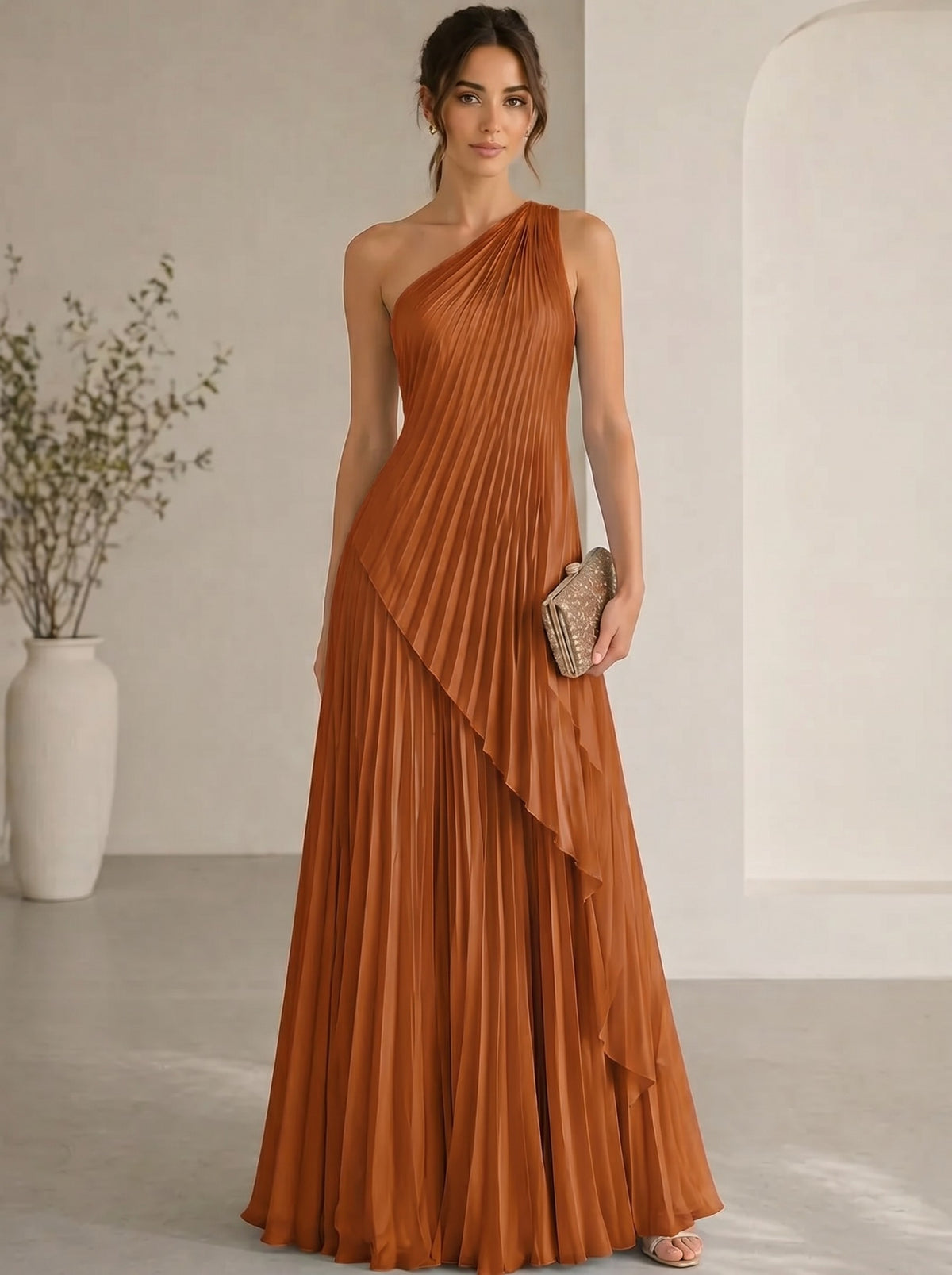 A-Line/Princess Evening Dress Sleeveless One Shoulder Satin Floor-Length Dress Top With Skirt Two-Piece Set