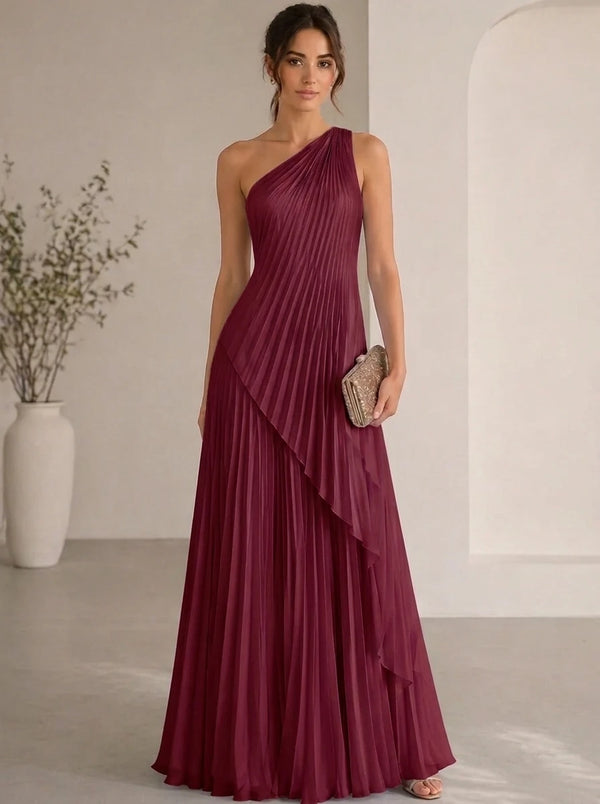 A-Line/Princess Evening Dress Sleeveless Pleated One Shoulder Chiffon Floor-Length Dress Top With Skirt Two-Piece Set