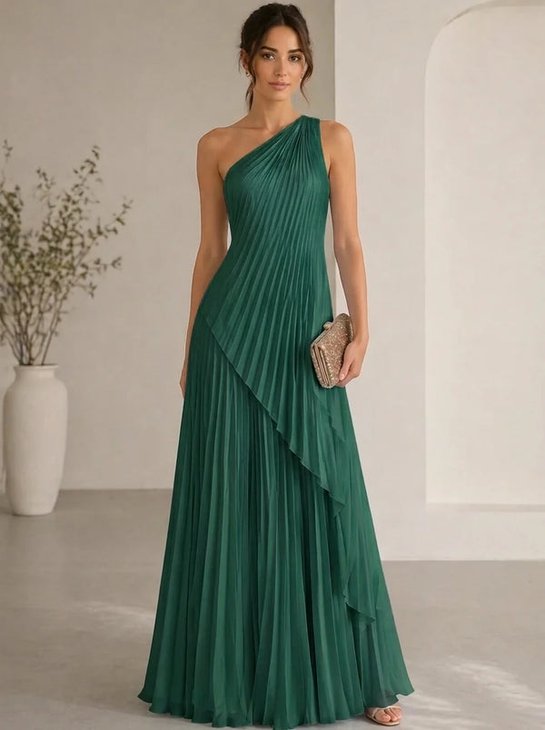 A-Line/Princess Evening Dress Sleeveless Pleated One Shoulder Chiffon Floor-Length Dress Top With Skirt Two-Piece Set