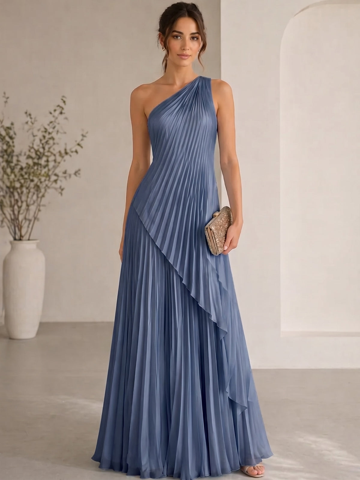A-Line/Princess Evening Dress Sleeveless One Shoulder Satin Floor-Length Dress Top With Skirt Two-Piece Set
