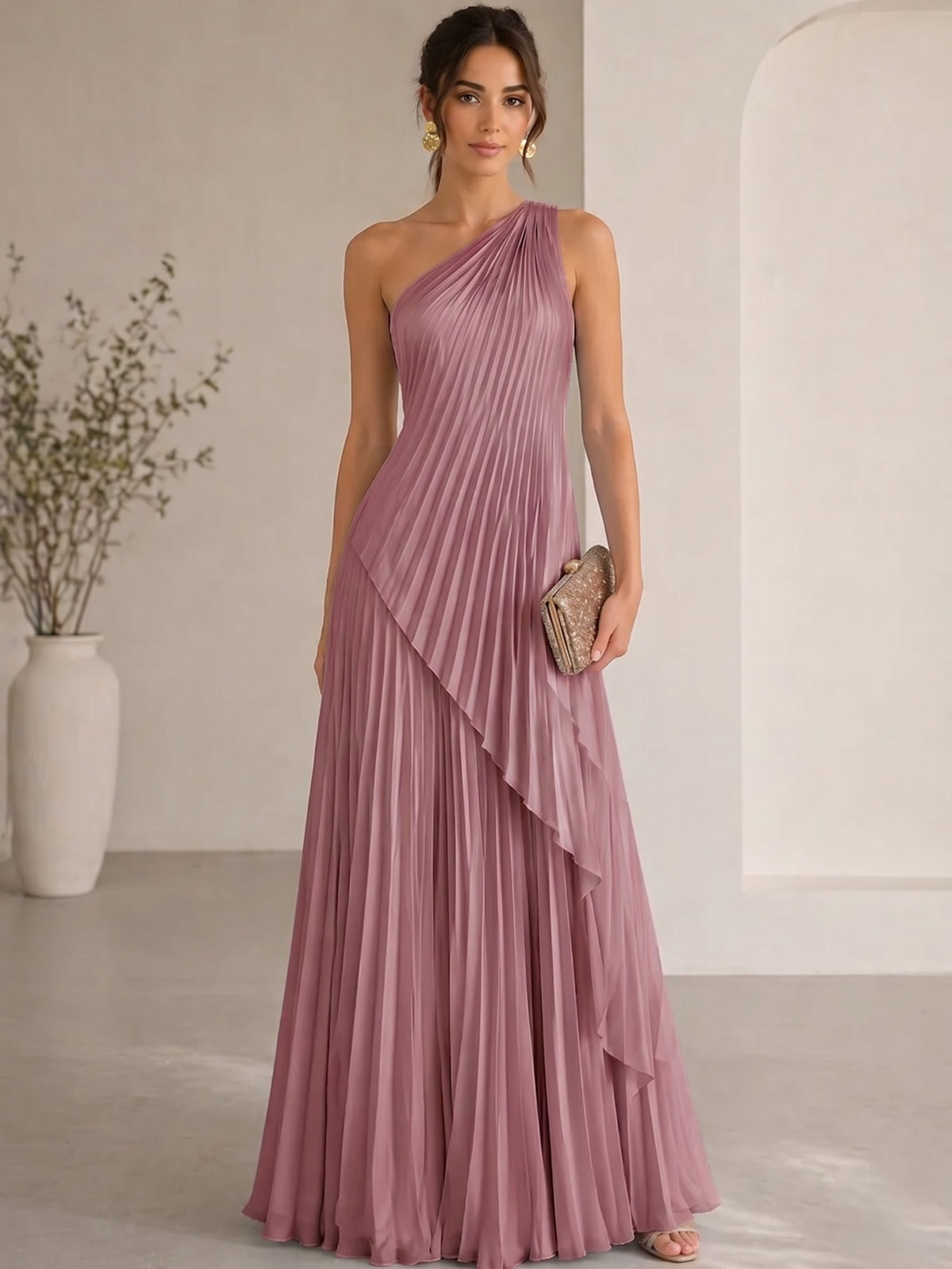 A-Line/Princess Evening Dress Sleeveless One Shoulder Satin Floor-Length Dress Top With Skirt Two-Piece Set