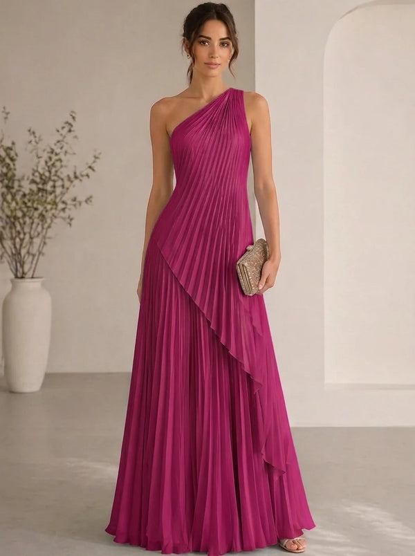 A-Line/Princess Evening Dress Sleeveless Pleated One Shoulder Chiffon Floor-Length Dress Top With Skirt Two-Piece Set