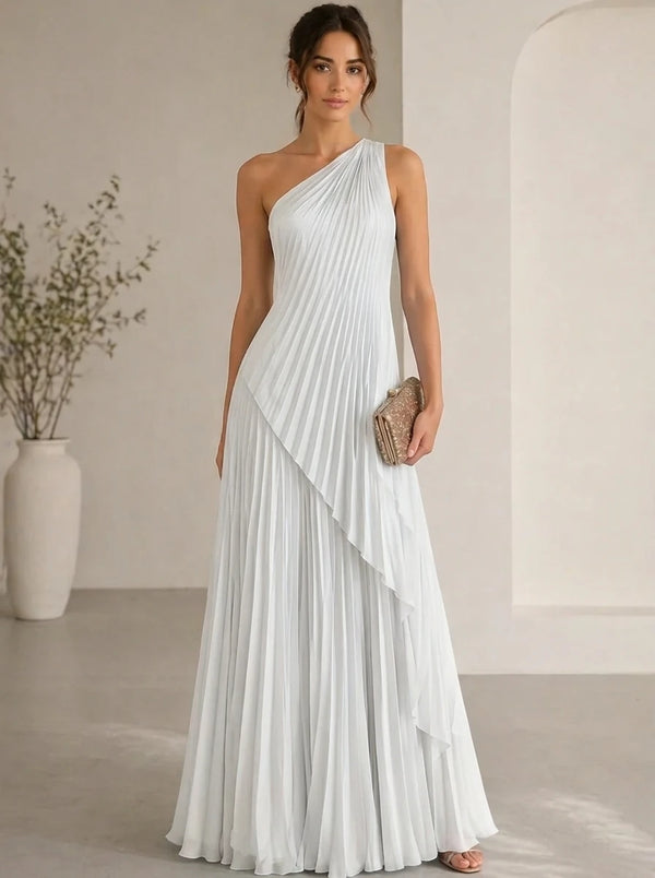 A-Line/Princess Evening Dress Sleeveless Pleated One Shoulder Chiffon Floor-Length Dress Top With Skirt Two-Piece Set