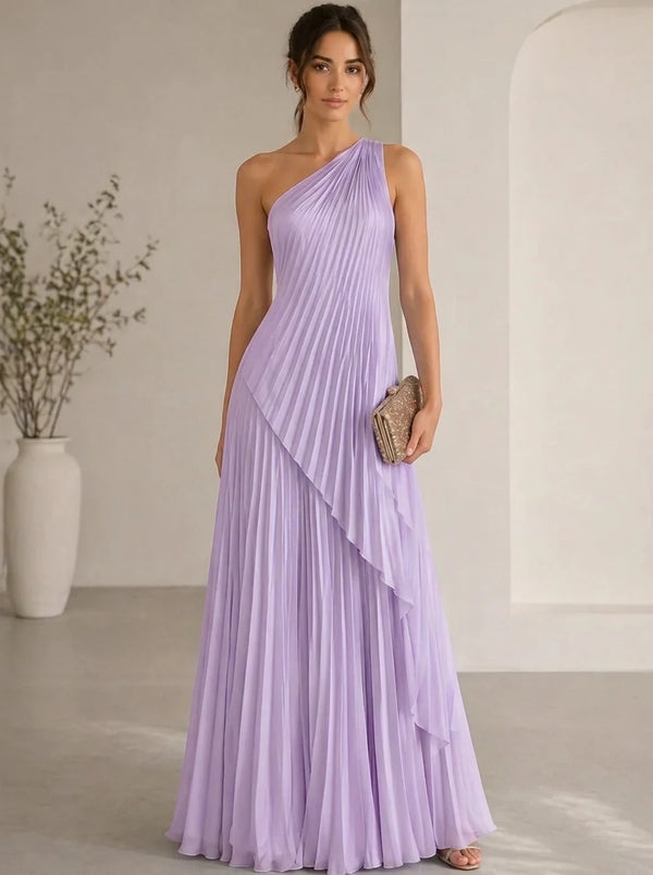 A-Line/Princess Evening Dress Sleeveless Pleated One Shoulder Chiffon Floor-Length Dress Top With Skirt Two-Piece Set