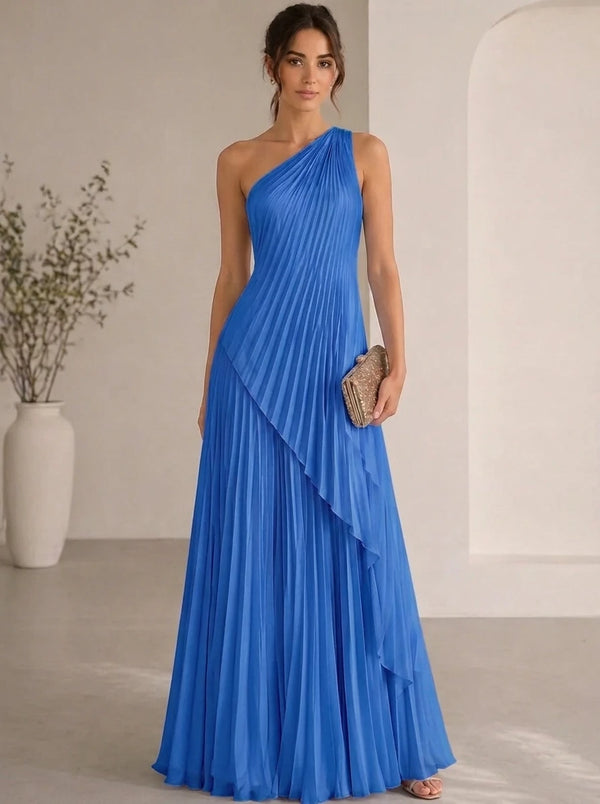 A-Line/Princess Evening Dress Sleeveless Pleated One Shoulder Chiffon Floor-Length Dress Top With Skirt Two-Piece Set