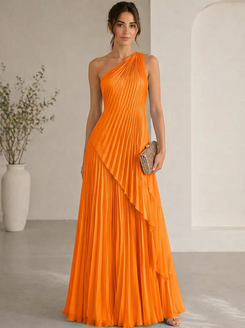 A-Line/Princess Evening Dress Sleeveless One Shoulder Satin Floor-Length Dress Top With Skirt Two-Piece Set