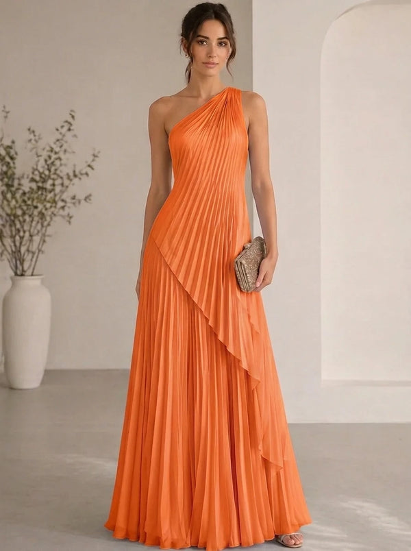 A-Line/Princess Evening Dress Sleeveless Pleated One Shoulder Chiffon Floor-Length Dress Top With Skirt Two-Piece Set