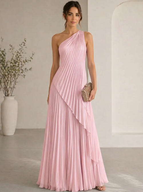 A-Line/Princess Evening Dress Sleeveless One Shoulder Satin Floor-Length Dress Top With Skirt Two-Piece Set