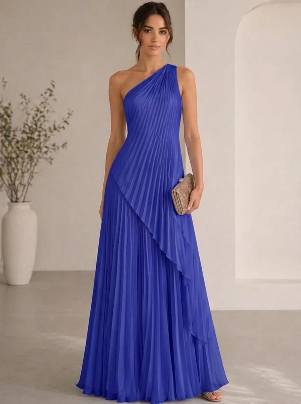 A-Line/Princess Evening Dress Sleeveless Pleated One Shoulder Chiffon Floor-Length Dress Top With Skirt Two-Piece Set