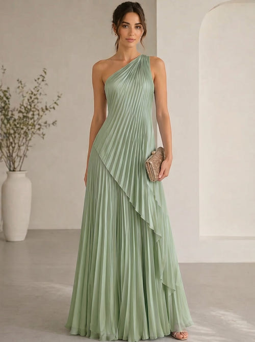 A-Line/Princess Evening Dress Sleeveless One Shoulder Satin Floor-Length Dress Top With Skirt Two-Piece Set