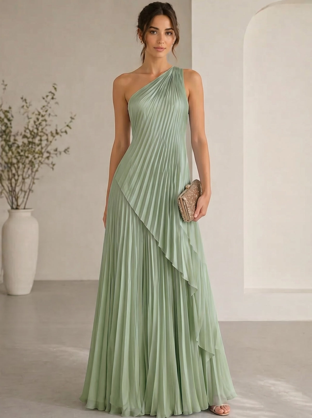 A-Line/Princess Evening Dress Sleeveless One Shoulder Satin Floor-Length Dress Top With Skirt Two-Piece Set