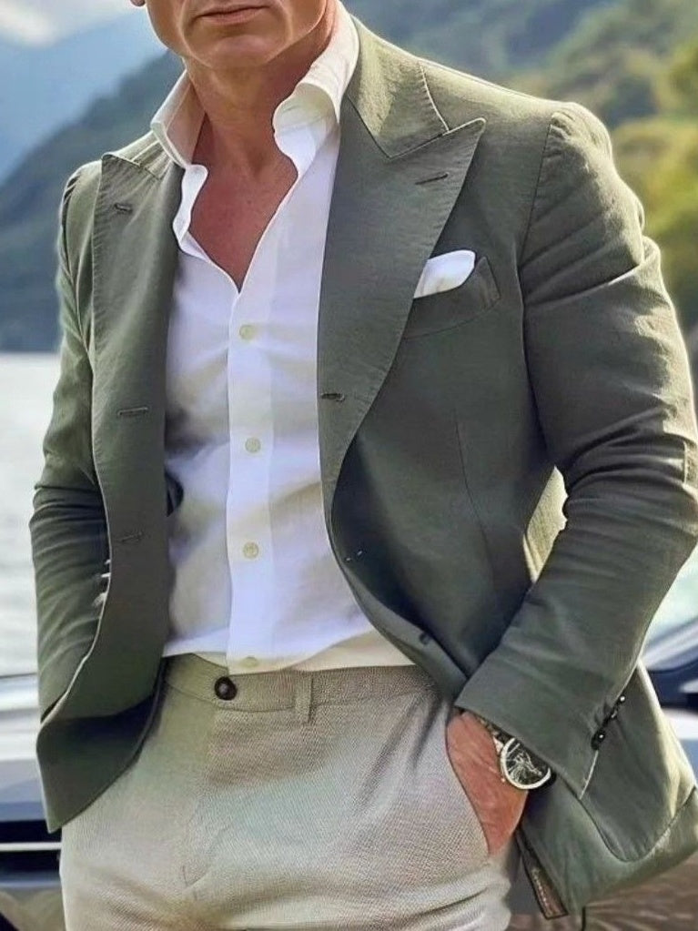 Men's Tailored Linen Blazer Single-Breasted Smart Sage Green Casual Beach Wedding Jacket