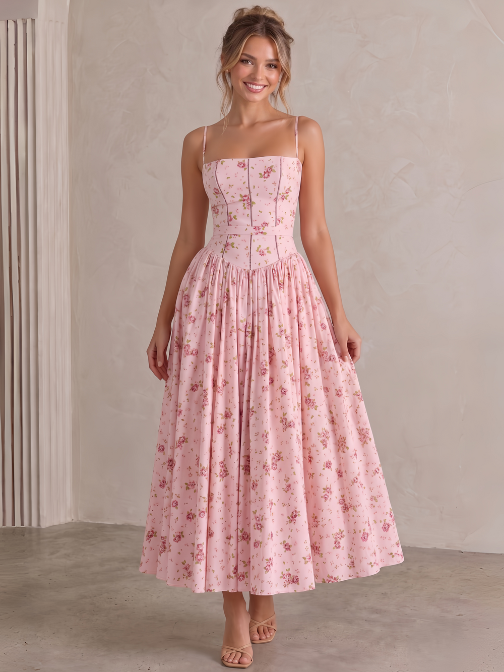 A-Line/Princess Cocktail Dress Spaghetti Straps Sleeveless Pink vintage Rose Print Cotton Cocktail Midi Sundress