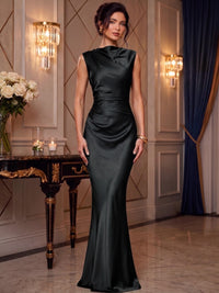 Mermaid Elegant Evening Prom Dresses Ruched Satin Floor-Length Dress Burgundy Cowl Neck With Ruched Waist