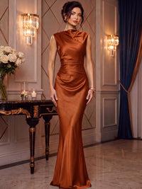 Mermaid Elegant Evening Prom Dresses Ruched Satin Floor-Length Dress Burgundy Cowl Neck With Ruched Waist