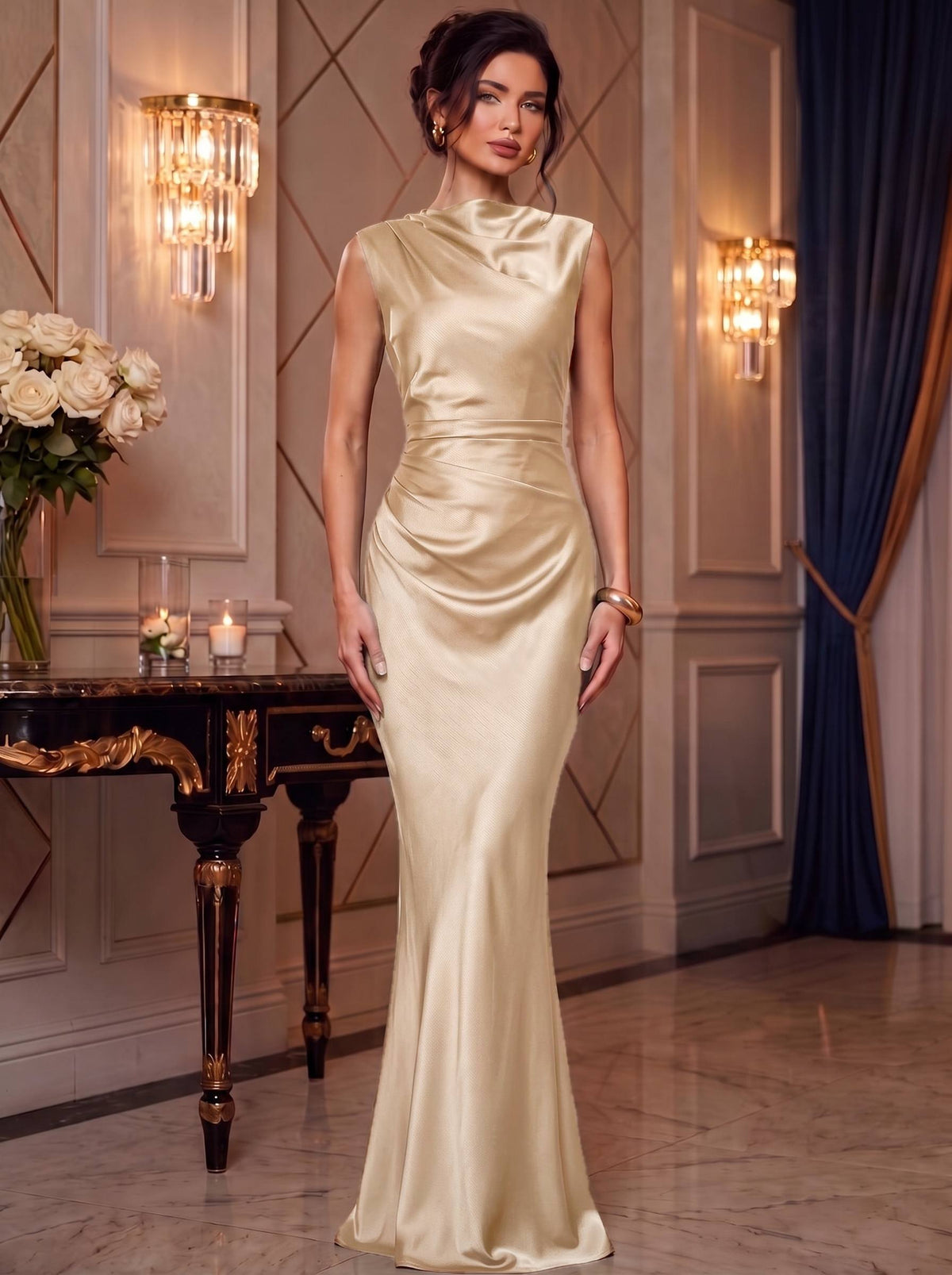 Mermaid Elegant Evening Prom Dresses Ruched Satin Floor-Length Dress Burgundy Cowl Neck With Ruched Waist