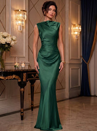 Mermaid Elegant Evening Prom Dresses Ruched Satin Floor-Length Dress Burgundy Cowl Neck With Ruched Waist