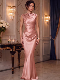 Mermaid Elegant Evening Prom Dresses Ruched Satin Floor-Length Dress Burgundy Cowl Neck With Ruched Waist