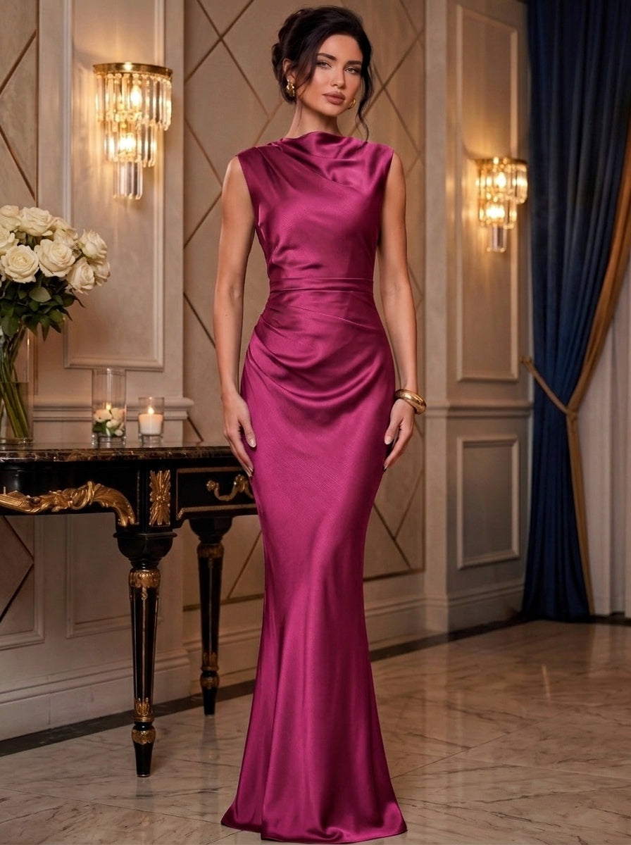 Mermaid Elegant Evening Prom Dresses Ruched Satin Floor-Length Dress Burgundy Cowl Neck With Ruched Waist