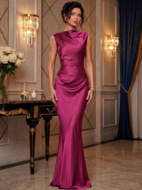 Mermaid Elegant Evening Prom Dresses Ruched Satin Floor-Length Dress Burgundy Cowl Neck With Ruched Waist