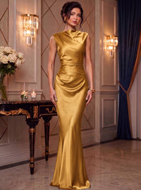 Mermaid Elegant Evening Prom Dresses Ruched Satin Floor-Length Dress Burgundy Cowl Neck With Ruched Waist