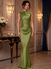 Mermaid Elegant Evening Prom Dresses Ruched Satin Floor-Length Dress Burgundy Cowl Neck With Ruched Waist
