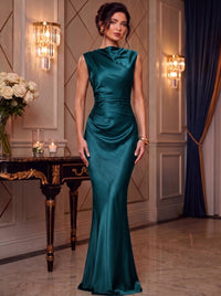 Mermaid Elegant Evening Prom Dresses Ruched Satin Floor-Length Dress Burgundy Cowl Neck With Ruched Waist