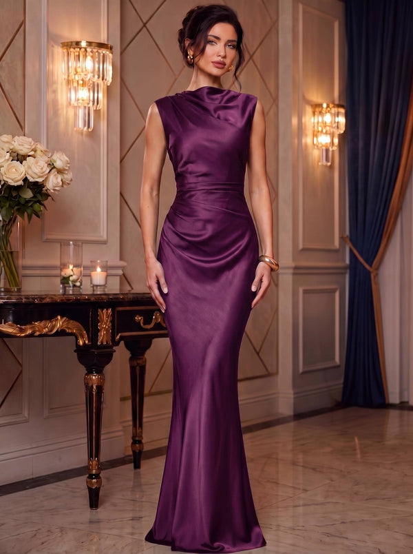 Mermaid Elegant Evening Prom Dresses Ruched Satin Floor-Length Dress Burgundy Cowl Neck With Ruched Waist