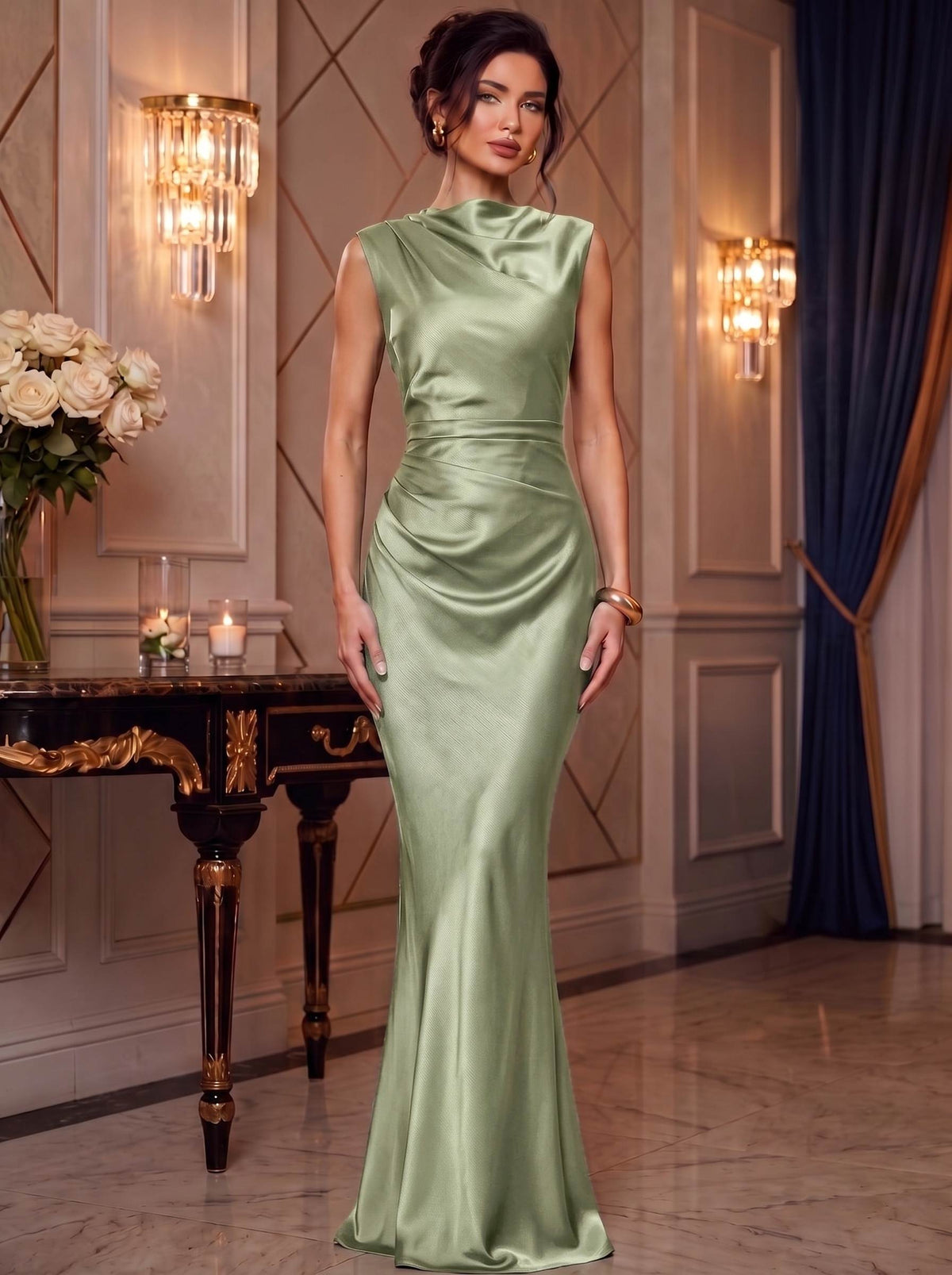 Mermaid Elegant Evening Prom Dresses Ruched Satin Floor-Length Dress Burgundy Cowl Neck With Ruched Waist