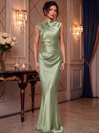 Mermaid Elegant Evening Prom Dresses Ruched Satin Floor-Length Dress Burgundy Cowl Neck With Ruched Waist