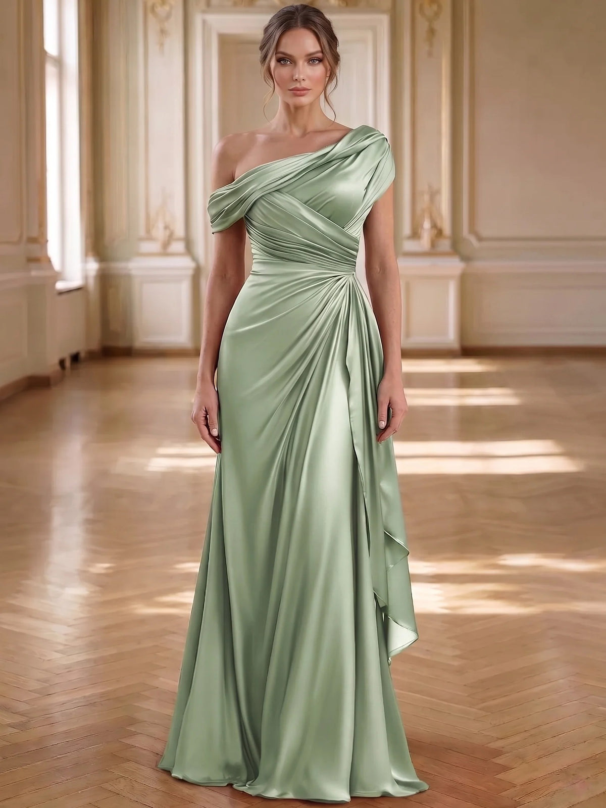 Mermaid Evening Dress Elegant One-Shoulder Sage Floor-Length Sleevelss Long Formal Party Dress