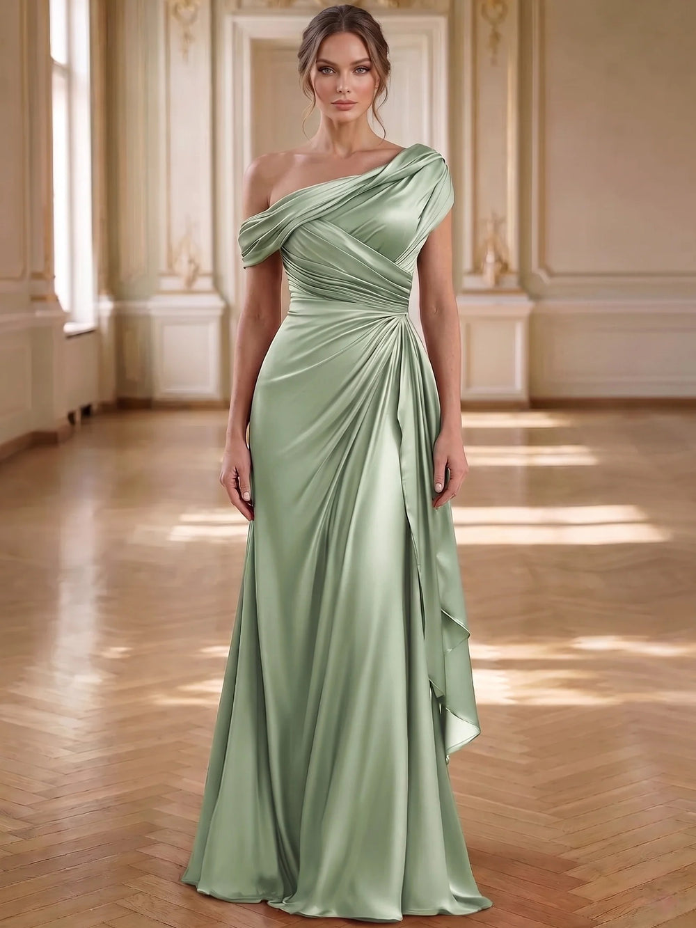 Mermaid Evening Dress Elegant One-Shoulder Sage Floor-Length Sleevelss Long Formal Party Dress