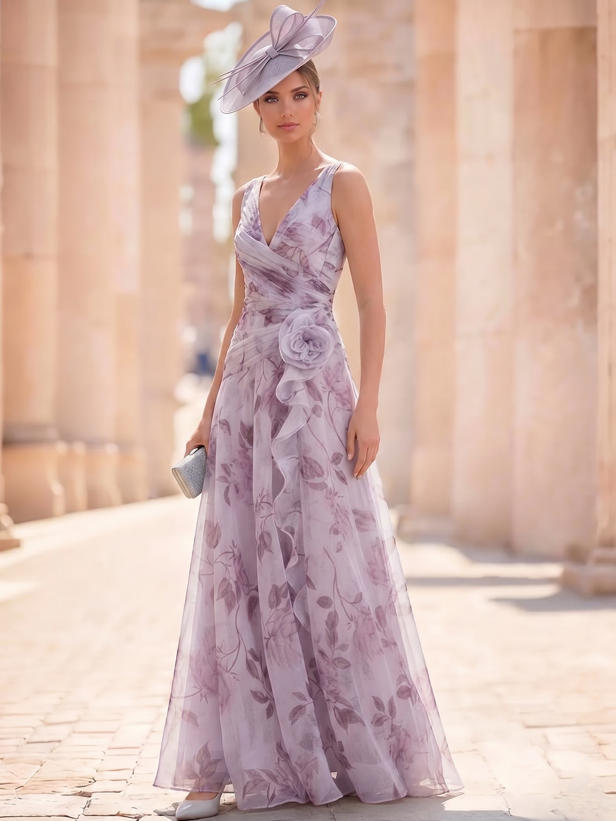 A-Line Elegant Evening Dress Floral Formal Dress Floor Length Sleeveless V Neck Corset Wedding Guest Dresses
