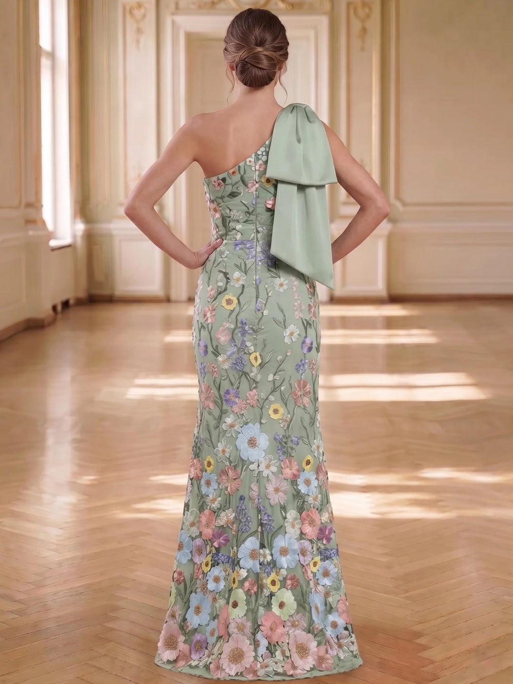 Mermaid Evening Gown Elegant Sage Floral Dress Floor Length Long Wedding Guest Dress With Shoulder Bow