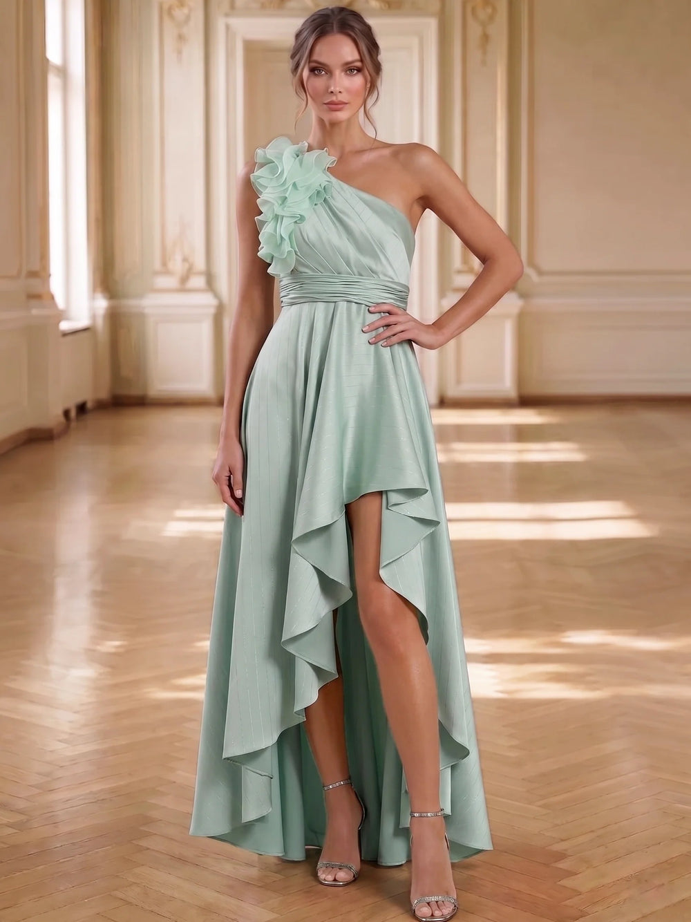 A-Line Evening Gown Elegant Sage Green Ruffled One Shoulder Floor-Length Cut Out Hi-Low Gown