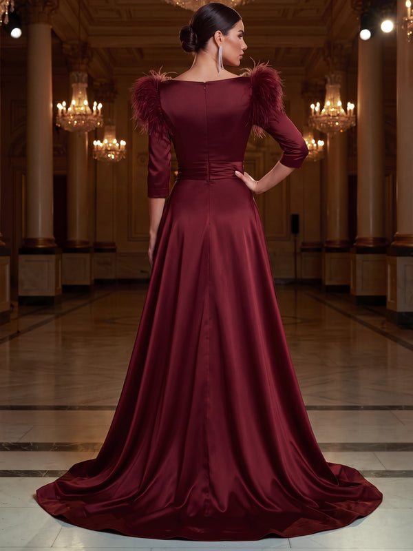 A-Line Evening Dress Satin V Neck Long 3/4 Sleeves Floor Length Burgundy Formal Wedding Guest Dress With Overskirt Feather
