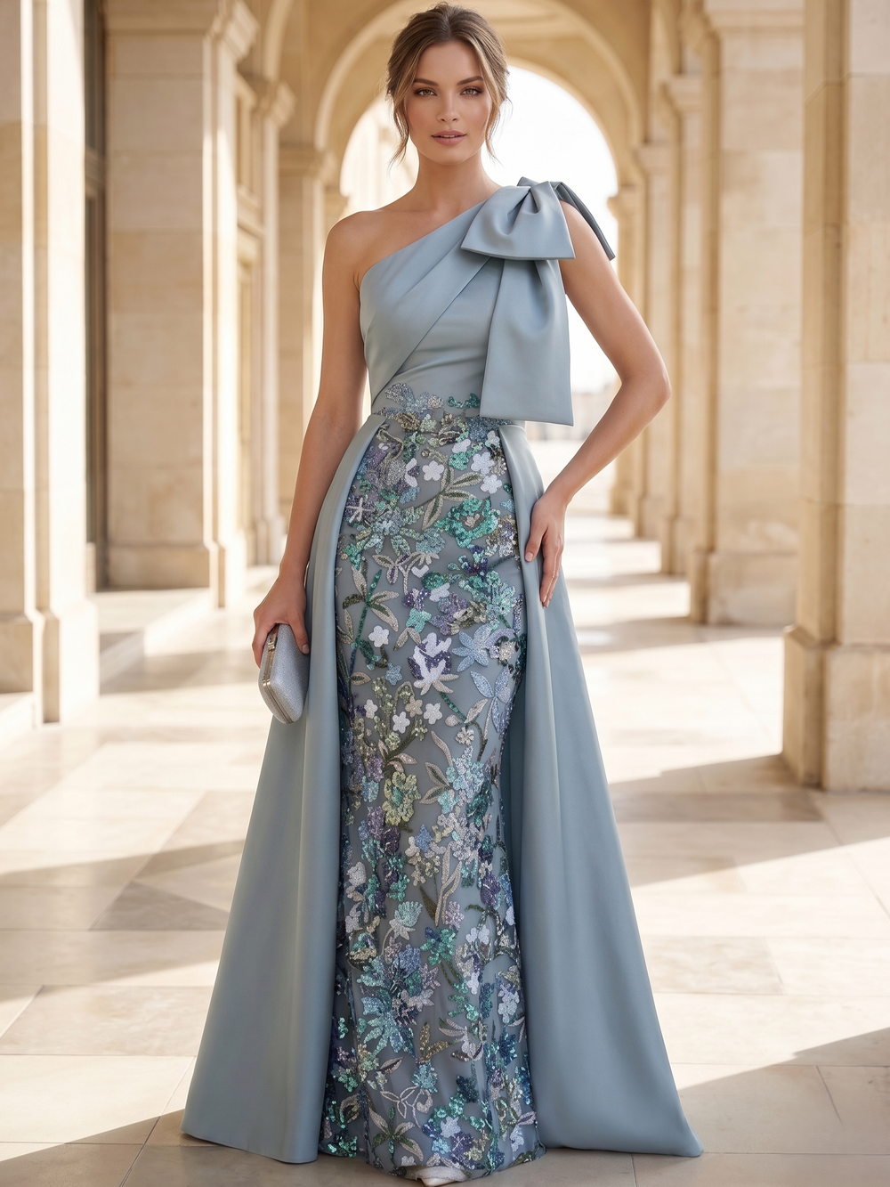 Sheath Column Evening Dresses One Shoulder Elegant Formal Dress With Overskirt Satin with Bow Floral Mother of the Bride Dress